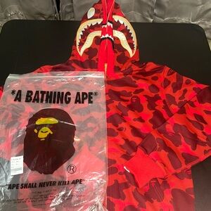A Bathing Ape Red Camo Shark Hoodie size L